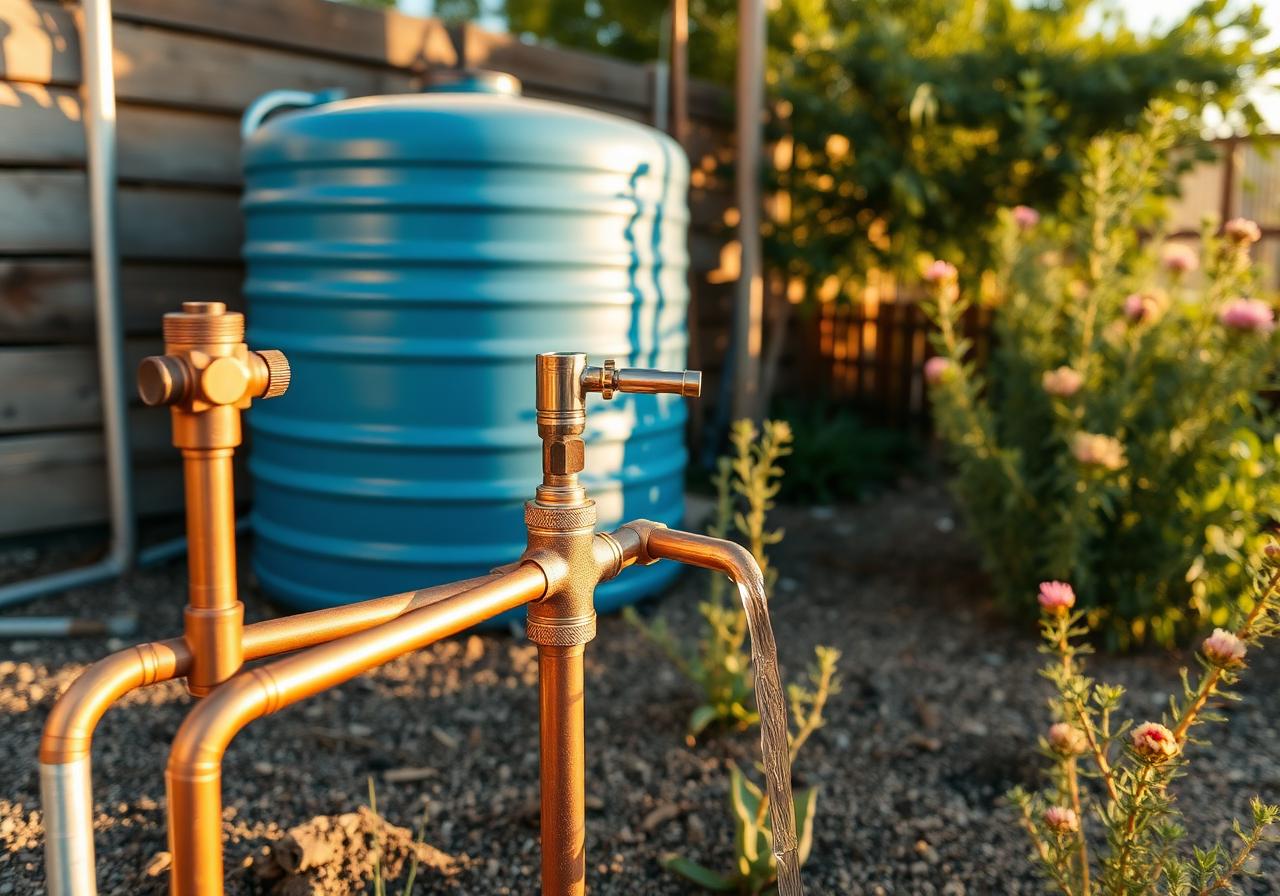 Copper plumbing on a solar-powered pump system in a homestead garden